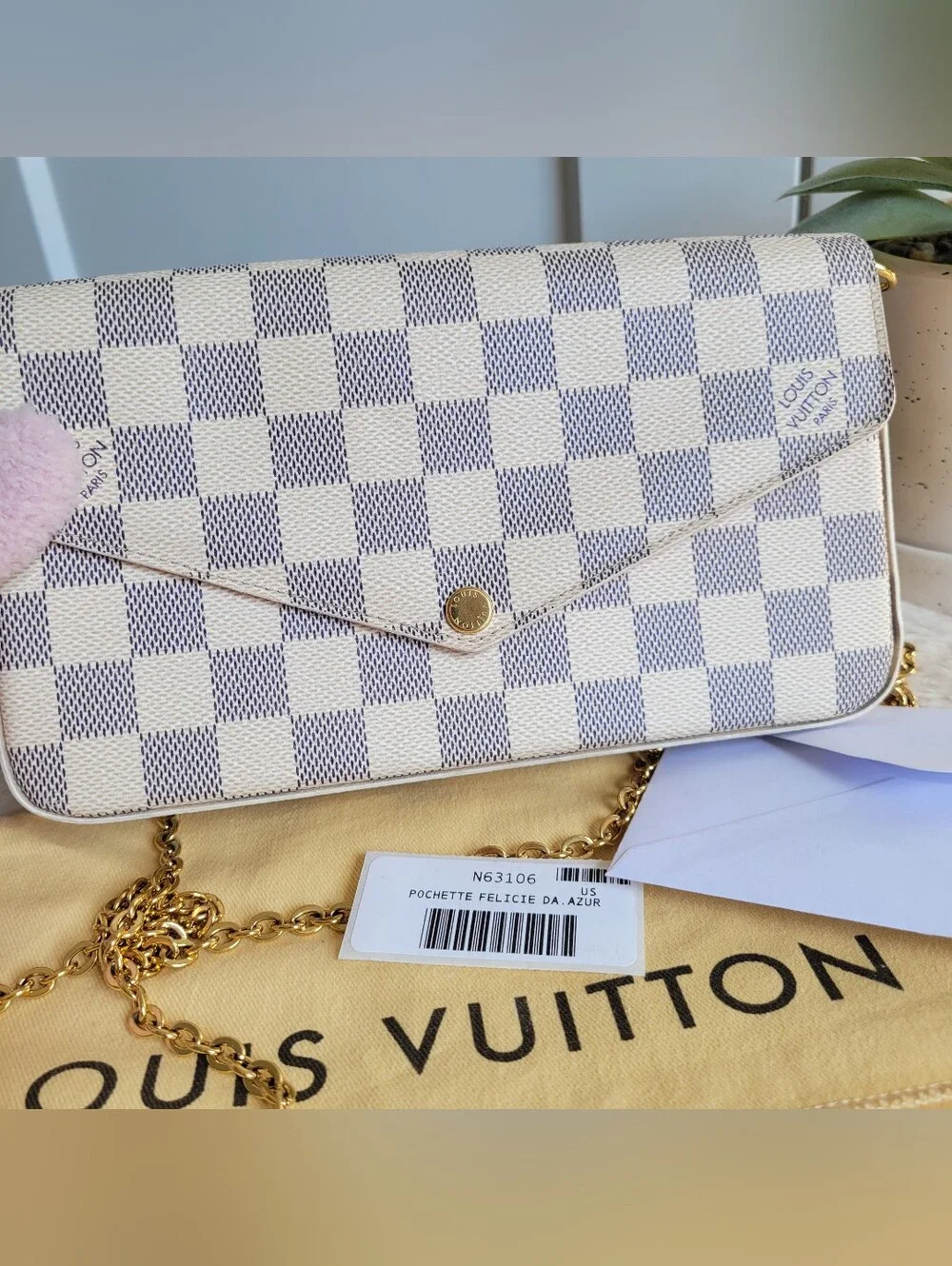 BEAUTIFUL💕 Louis Vuitton FELICIE Pochette Damier AZUR Gold Chain Crossbody